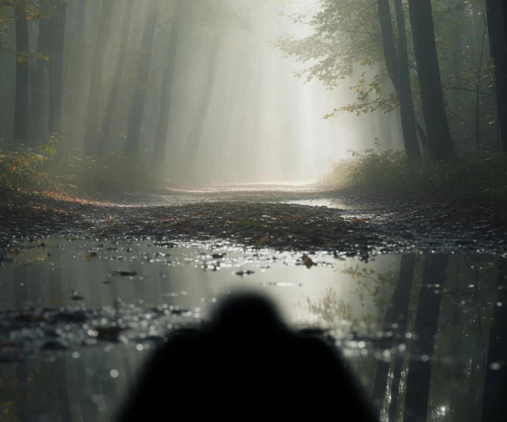 Na pierwszym planie widoczna jest duża kałuża, w której odbija się otoczenie, z niewyraźnym, ciemnym kształtem przypominającym głowę lub postać u dołu. Kałuża ta leży na ścieżce pokrytej ciemnymi liśćmi i błotem, rozciągającej się w głąb obrazu. Ścieżka prowadzi przez mglisty las, gdzie w oddali, w centrum kadru, widać jasne, pionowe promienie światła przenikające przez gęstą mgłę lub opary. Drzewa o ciemnych pniach i zielonkawo-żółtych liściach otaczają ścieżkę, po bokach są zacienione, a w kierunku światła bardziej rozjaśnione.