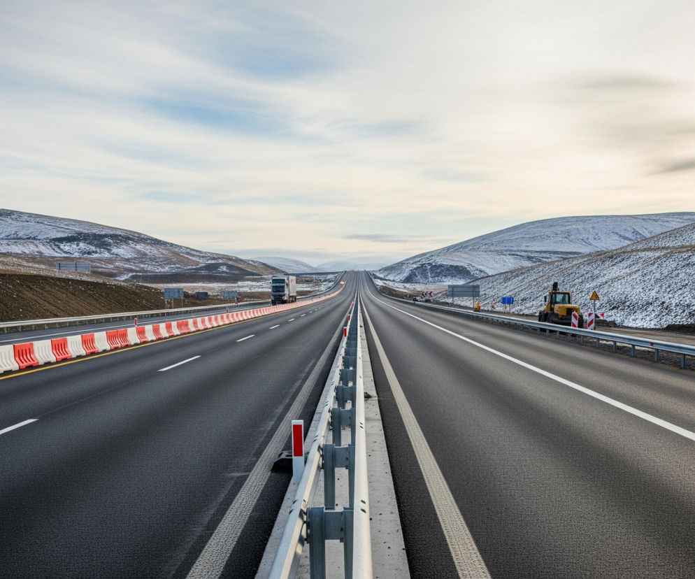 Długa, pusta autostrada biegnie prosto przez środek kadru, rozciągając się w kierunku horyzontu i znikając między dwoma zaśnieżonymi wzgórzami. Jezdnia podzielona jest metalową barierą energochłonną na dwa pasy ruchu w każdym kierunku, a na poboczu lewego pasa widoczne są pomarańczowo-białe, plastikowe bariery drogowe. Na lewym pasie ruchu, w oddali, jedzie ciężarówka z naczepą, natomiast po prawej stronie, obok metalowej bariery energochłonnej, stoi żółta koparka. Niebo jest jasne, z widocznymi delikatnymi smugami chmur.