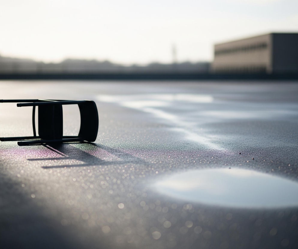 Na pierwszym planie leży przewrócone, czarne krzesło, z oparciem skierowanym w prawo i nogami wystającymi w lewo. Obiekt rzuca wyraźny cień na szarą, chropowatą powierzchnię, która zdaje się być mokra, o czym świadczą liczne, drobne refleksy światła oraz kałuża w prawym środku kadru. W tle widać rozmyty zarys budynków i krajobrazu, dominują jasne, zamglone odcienie bieli i szarości.