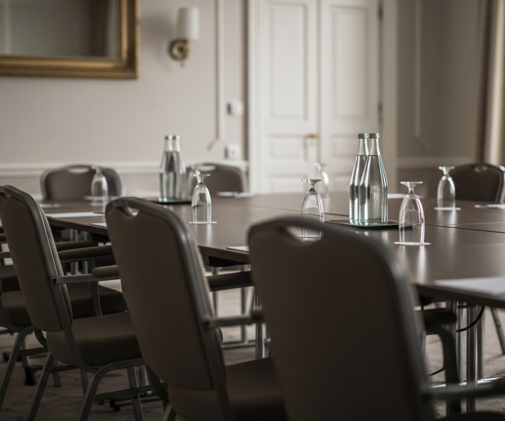 Dużą, podłużną salę konferencyjną z długim stołem i wieloma krzesłami, zwróconymi tyłem do widza po lewej stronie kadru. Na stole stoją szklane butelki wody i odwrócone do góry dnem szklanki, każda na białej podkładce. W tle widać jasnobeżowe ściany z białymi listwami i drzwiami, a także złoconą ramę obrazu oraz kinkiet ścienny z kloszem. Po prawej stronie kadru znajduje się duże okno zasłonięte beżowymi zasłonami, wpuszczające naturalne światło.