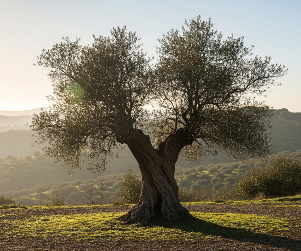 Centralnie w kadrze wznosi się stare drzewo oliwne z grubym, skręconym pniem i rozłożystą, gęstą koroną, której liście są podświetlone od tyłu przez słońce. Na pierwszym planie widoczna jest ziemia częściowo pokryta niską, jasnozieloną trawą, a częściowo nagą, ciemnobrązową glebą. W tle rozciągają się falujące wzgórza, pokryte licznymi, zielonymi drzewkami lub krzewami, zanikające w jasnej, zamglonej poświacie horyzontu. Całość oświetla ciepłe, jasne słońce, tworząc długie cienie rzucane przez drzewa.