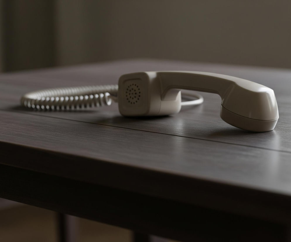 Beżowa słuchawka telefonu leży na ciemnobrązowym drewnianym blacie stołu, ustawiona równolegle do krawędzi blatu, skierowana delikatnie w prawo. Do słuchawki podłączony jest zwinięty, spiralny kabel w identycznym beżowym kolorze. Lewa część słuchawki, z widoczną kratką głośnika, jest w cieniu, natomiast prawa strona, z kratką mikrofonu, jest jaśniej oświetlona. W tle widać niewyraźne zarysy mebli i ścian w ciemniejszych odcieniach, z niewielkimi jasnymi refleksami światła.