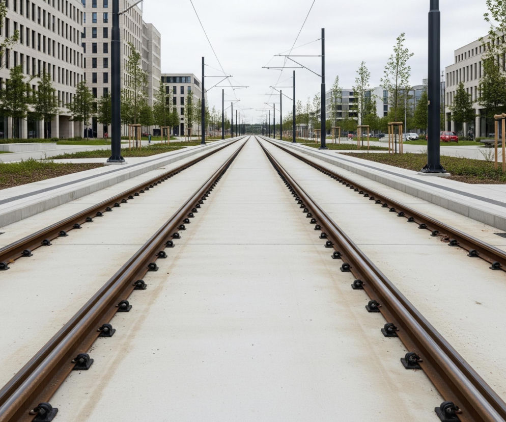 Dwa równoległe tory tramwajowe, biegnące w dal i zbiegające się w punkcie, dominują centralną część obrazu. Tory osadzone są w jasnym, betonowym podłożu, z rdzawobrązowymi szynami mocowanymi czarnymi elementami. Po obu stronach torów rozciągają się szerokie, utwardzone chodniki z szarych płyt, oddzielone od pasów zieleni niskimi krawężnikami. Zieleń składa się z nieregularnych skupisk krzewów i pojedynczych, młodych drzew z drewnianymi podporami, a za nią wznoszą się nowoczesne, jasne budynki z licznymi prostokątnymi oknami. Nad torami widać szereg czarnych słupów trakcyjnych połączonych przewodami, a szare, zachmurzone niebo stanowi tło.