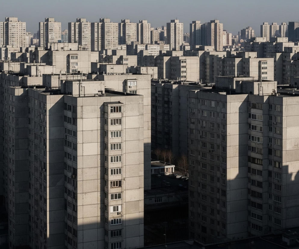 Wysokie, szare budynki mieszkalne dominują nad obrazem, rozciągając się w głąb w równych rzędach. Dwie najbliższe konstrukcje, o dziesiątkach identycznych okien, są częściowo zacienione, tworząc wyraźne, ciemne cienie na ich betonowych fasadach. W tle, podobne wieżowce z jaśniejszymi szarymi elewacjami sięgają horyzontu pod bladoniebieskim niebem, niektóre z nich posiadają wyraźne czerwonawe dachy. Między budynkami widać fragmenty ciemnych dróg i kilka małych, białych, jednopiętrowych obiektów z gołymi drzewami obok.