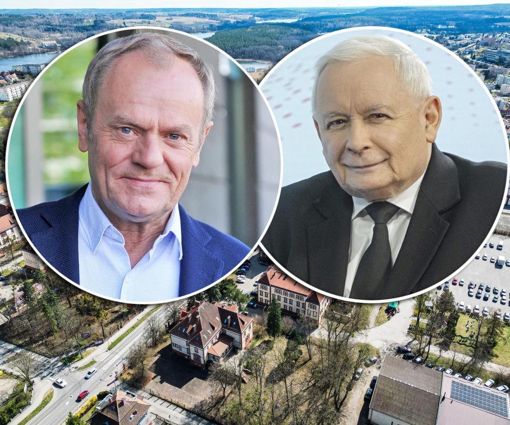 Donald Tusk i Jarosław Kaczyński na miniaturach na tle panoramy Mrągowa. O koalicji KO i PiS przeczytasz na SE Polityka.