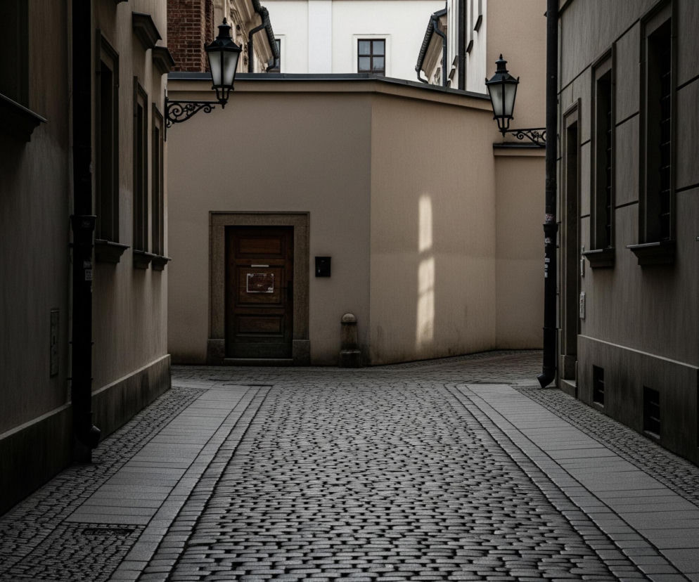 Wąska uliczka miejska prowadzi w głąb, otoczona wysokimi ścianami budynków po obu stronach. Brukowana nawierzchnia z szarych kamieni, przedzielona równoległymi pasami chodników, rozciąga się od pierwszego planu ku oddaleniu, gdzie rozgałęzia się. Na końcu uliczki znajduje się beżowa ściana z drewnianymi drzwiami i dwoma kutymi, czarnymi latarniami wiszącymi po bokach, jedna z nich oświetlona promieniem słońca.