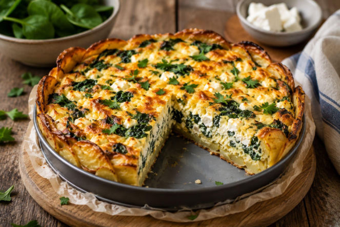Quiche ziemniaczany ze szpinakiem i fetą. Chrupiący spód tej tarty robi się bez grama mąki