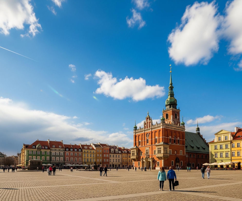Na pierwszym planie rozciąga się duży, wybrukowany plac z licznymi ludźmi spacerującymi po nim. W centralnej części placu dominuje okazały, ceglany budynek z wysoką, zieloną wieżą zakończoną złotą iglicą i chorągiewką, otoczony pomarańczowymi i zielonymi detalami architektonicznymi. Po obu stronach głównego budynku oraz w oddali widoczne są szeregi kolorowych kamienic o fasadach w odcieniach żółci, pomarańczu, zieleni i beżu, z czerwonymi dachami. Powyżej rozciąga się błękitne niebo z kilkoma białymi chmurami, a w lewej górnej części widoczna jest smuga kondensacyjna pozostawiona przez samolot.
