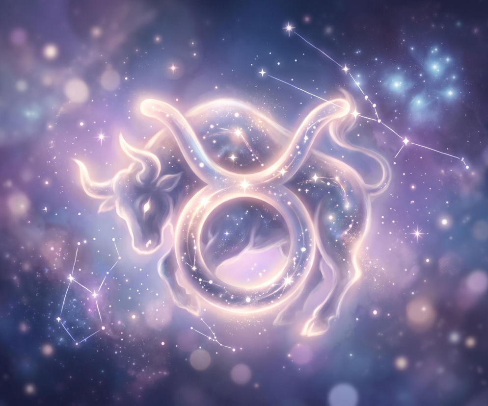 Świecący symbol zodiakalnego Byka na tle gwieździstego nieba. O horoskopie dla Byka przeczytasz w serwisie Eska.