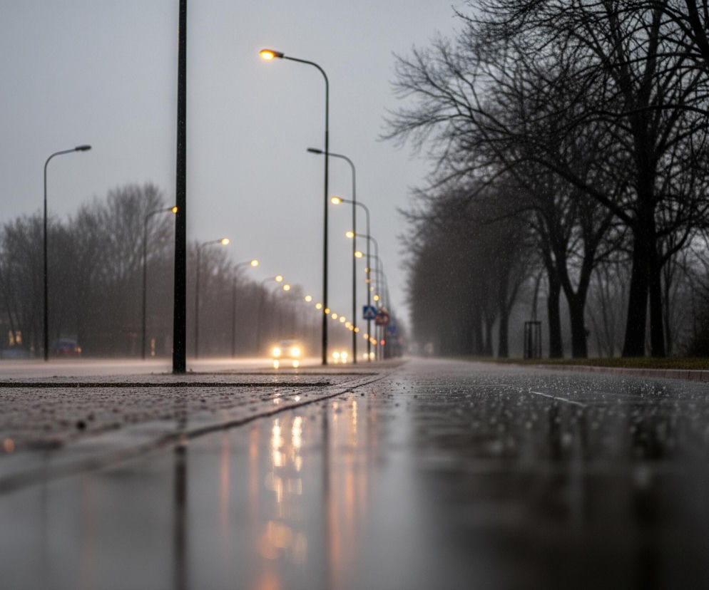Droga w deszczu zajmuje dolną część kadru, pokryta licznymi kroplami wody, z wyraźnymi refleksami świateł odbijającymi się od mokrej nawierzchni. Po obu stronach drogi, wzdłuż krawężników, rozciągają się rzędy słupów oświetleniowych z zapalonymi, żółtymi lampami, tworząc świetlistą perspektywę w oddali. Z lewej strony widoczna jest niewyraźna sylwetka pojazdu z zapalonymi światłami, natomiast z prawej strony ulicę ograniczają ciemne sylwetki bezlistnych drzew. Całe otoczenie tonie w szarej, mglistej atmosferze, a niebo, również szare, zajmuje górną część obrazu.