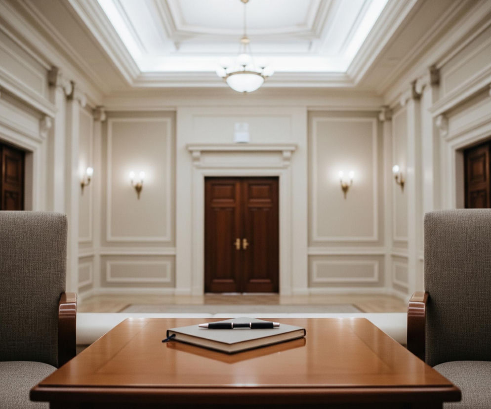 Na pierwszym planie, centralnie, widoczny jest brązowy, prostokątny stolik z zaokrąglonymi krawędziami. Na nim leży otwarty notes w jasnoszarej okładce z granatową zakładką, a na nim umieszczony jest czarno-srebrny długopis. Po obu stronach stolika znajdują się krzesła z szaro-brązową tapicerką i drewnianymi podłokietnikami, skierowane do widza. W tle rozciąga się długi, symetryczny korytarz z kremowymi ścianami i kolumnami. Na ścianach korytarza widoczne są ozdobne listwy i wklęsłe panele, a także po trzy jasne kinkiety z każdej strony. Na końcu korytarza znajdują się brązowe, podwójne drzwi. Sufit korytarza jest biały, kasetonowy, z centralnie umieszczonym wiszącym żyrandolem o białych, kulistych kloszach.