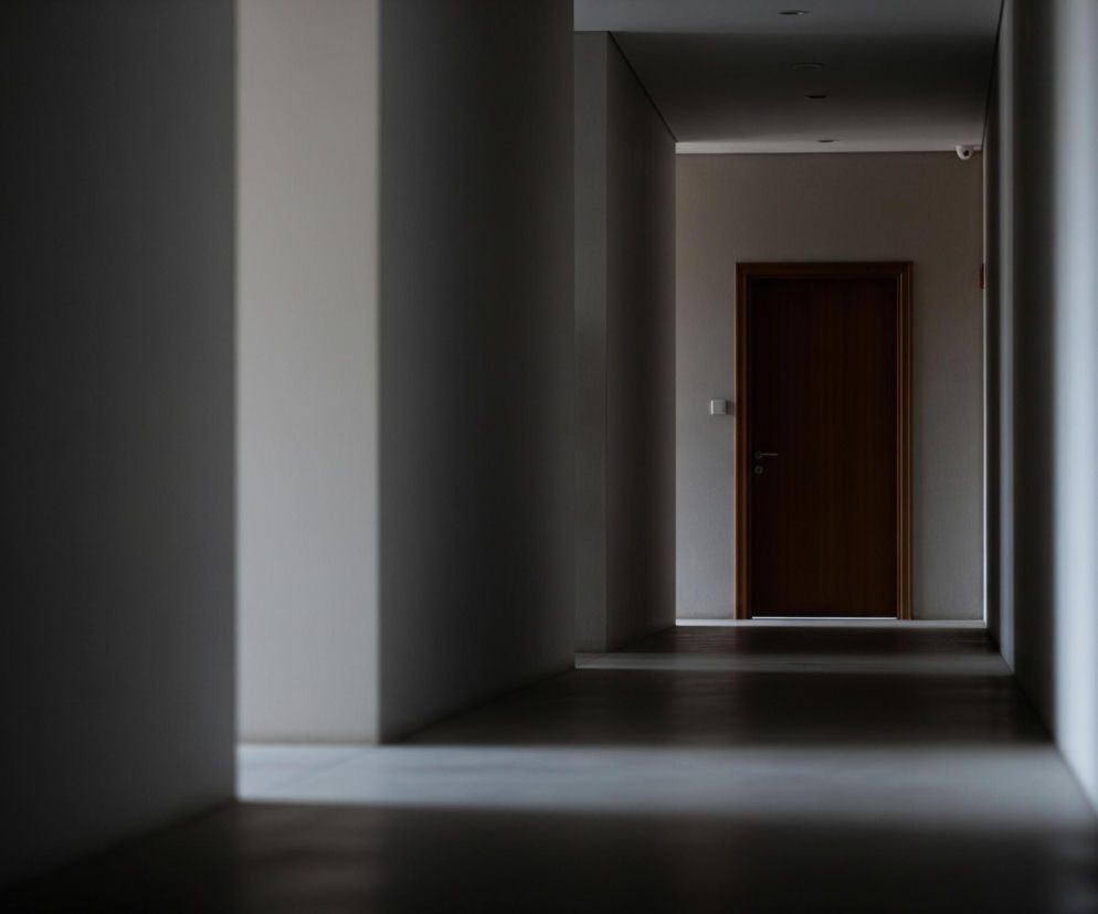 Ciemny korytarz z drzwiami na końcu. Światło rozjaśnia centralną część korytarza, tworząc kontrast z zaciemnionymi ścianami po bokach. Drzwi są brązowe, a framuga wokół nich jest jasno-szara, podobnie jak ściana z włącznikiem światła po lewej stronie drzwi. Na suficie, w głębi korytarza, widoczna jest niewielka, biała kamera monitoringu oraz dwa okrągłe punkty świetlne.