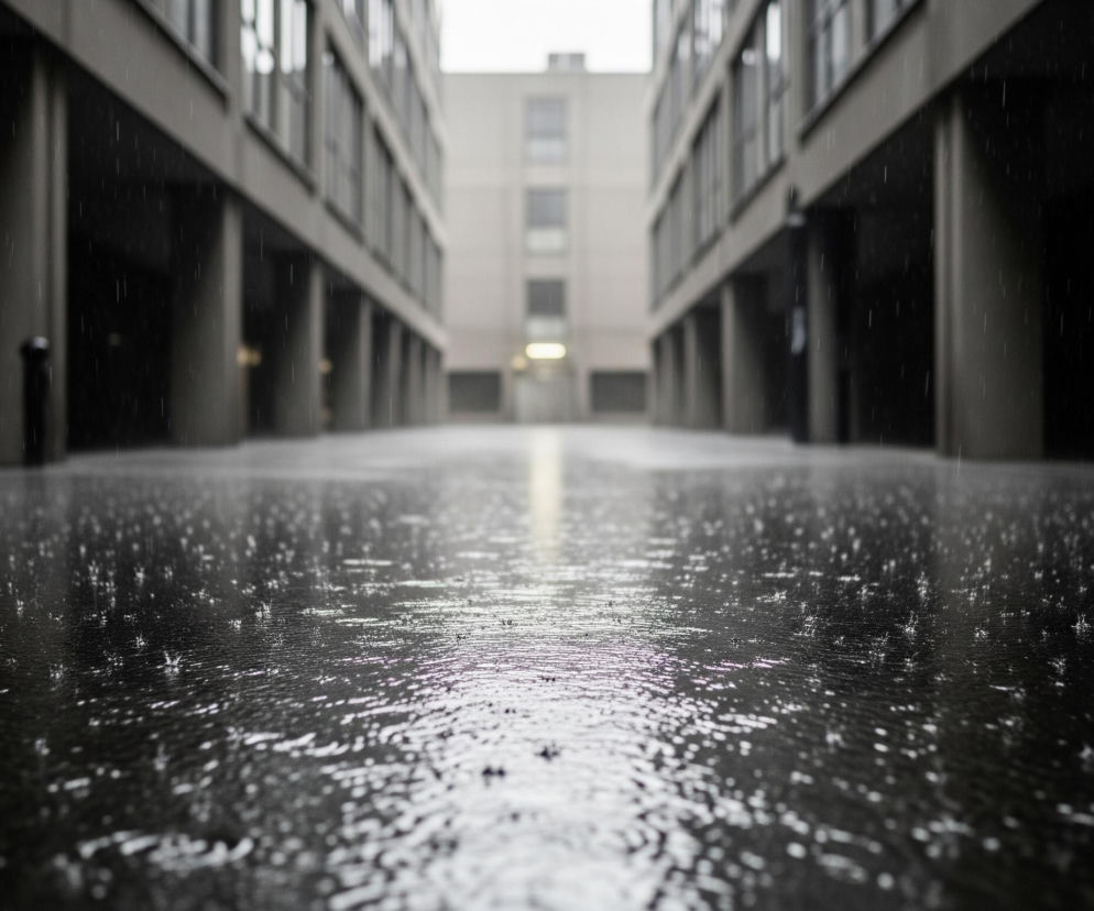 Ulica lub dziedziniec wykonany z ciemnego asfaltu lub betonu jest widoczny z poziomu gruntu, podczas intensywnego deszczu. Na pierwszym planie widoczne są liczne odbicia światła i małe fale na kałużach. W tle, po obu stronach kadru, znajdują się dwa podobne budynki o szarych fasadach i wielu oknach, tworząc perspektywiczny korytarz. Pomiędzy nimi, w oddali, widać kolejny budynek w jaśniejszym, rozmyty odcieniu szarości.