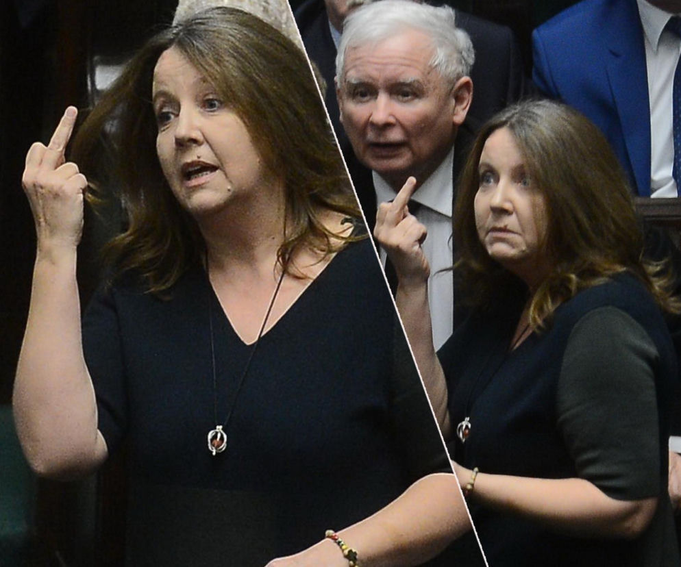 Joanna Lichocka pokazuje środkowy palec w Sejmie. Obok na wstawce Jarosław Kaczyński. O sprawie przeczytasz na SE.