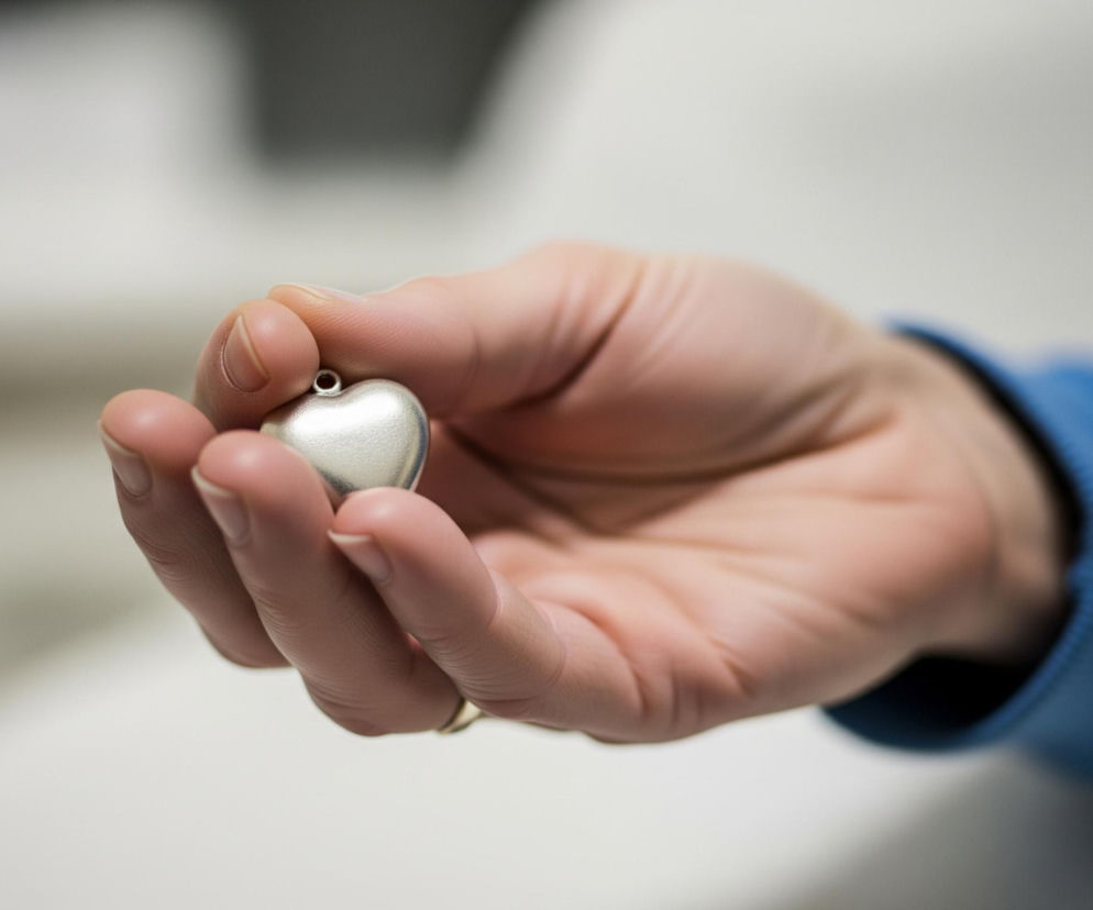 Dłoń o jasnej karnacji, ubrana w błękitny sweter z długim rękawem, trzyma mały, lśniący, srebrny wisiorek w kształcie serca. Serce ma widoczne ucho do przewleczenia łańcuszka, a jego powierzchnia odbija światło, tworząc refleksy. W tle widoczna jest rozmyta przestrzeń w odcieniach bieli, szarości i ciemnego błękitu.