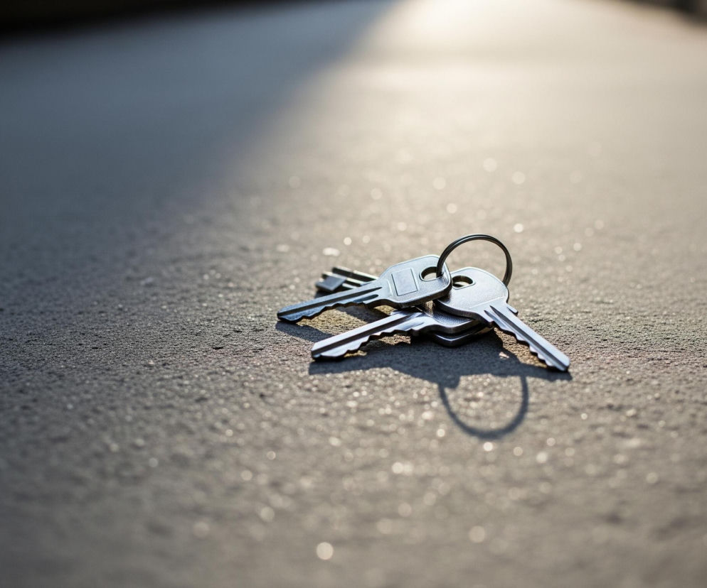 Na ciemnoszarym, lekko błyszczącym podłożu leży pęk srebrnych kluczy, połączonych czarnym, okrągłym kółkiem. Trzy klucze są wyraźnie widoczne, każdy z innym wycięciem, rzucając ciemne cienie na powierzchnię. Światło padające z prawego górnego rogu rozjaśnia podłoże, tworząc jaśniejszy obszar w głębi kadru i efekt bokeh z delikatnymi, rozproszonymi refleksami.