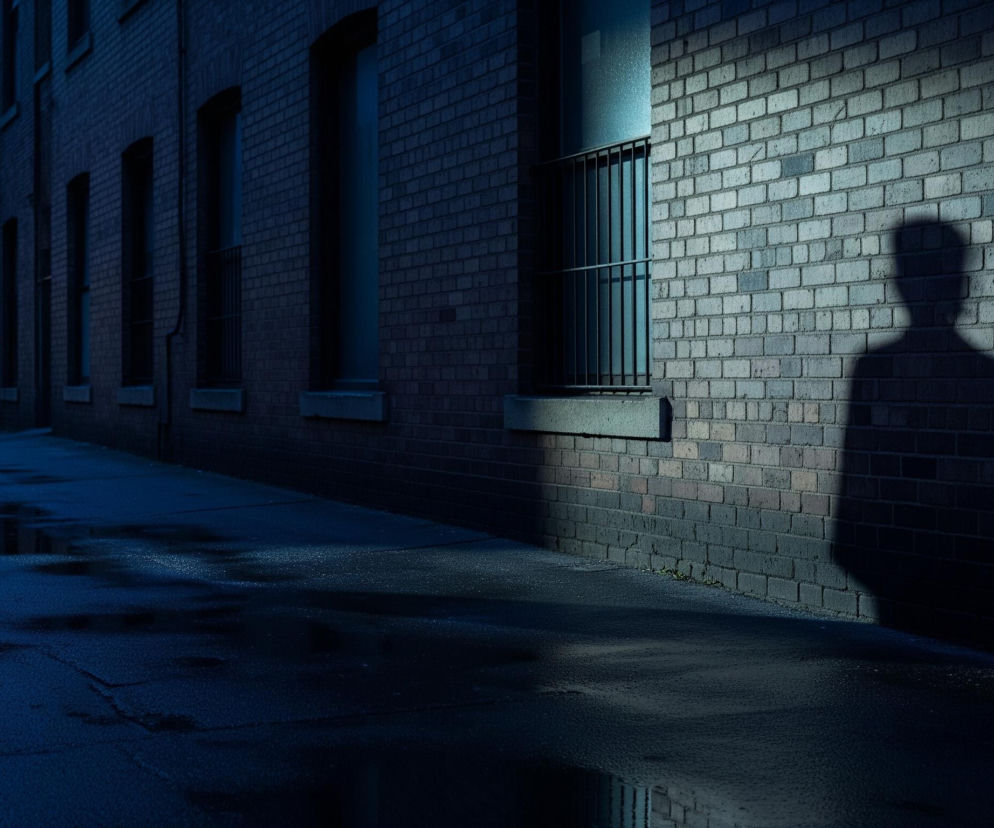 Uliczka pomiędzy budynkami o ceglanych fasadach, pogrążona w mroku wczesnego wieczoru lub nocy. Na prawym planie, na ścianie z cegły, widoczny jest wyraźny, ciemny cień postaci ludzkiej. Obok niego, nieco w lewo, znajduje się okno z kratami, z którego wydobywa się delikatne, niebieskawe światło. Cała nawierzchnia uliczki jest mokra i odbija światło, tworząc refleksy, szczególnie te jaśniejsze pochodzące z latarni ulicznej widocznej w oddali po lewej stronie.