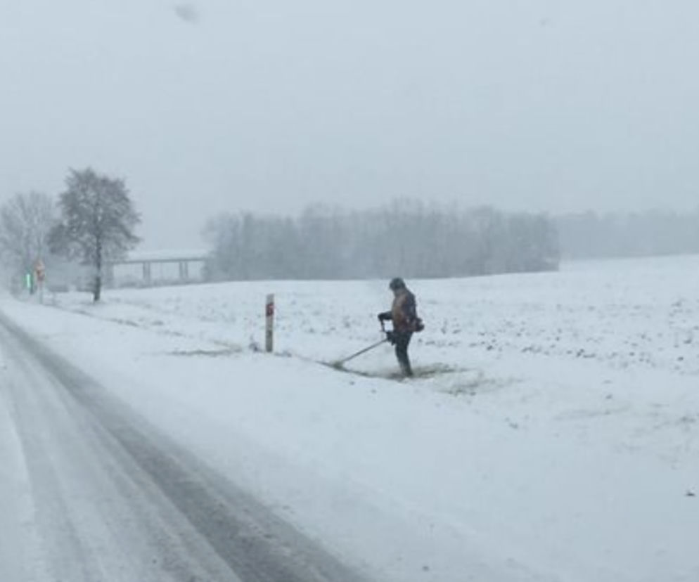 Drogowcy kosili trawę w śniegu