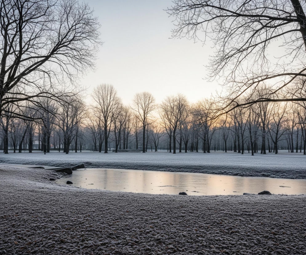 Przedstawiony jest zimowy pejzaż z dwoma dużymi, bezlistnymi drzewami o ciemnych konarach, umieszczonymi po lewej i prawej stronie kadru, otaczającymi centralne jezioro lub staw o lśniącej, częściowo zamarzniętej tafli. Brzegi zbiornika wodnego pokryte są szronem, podobnie jak szeroki obszar trawy na pierwszym planie, tworzący gęstą, biało-szarą teksturę. W tle, za wodą, rozciąga się linia smukłych, bezlistnych drzew, również pokrytych szronem, tworzących ciemny, jednolity pas na tle jasnego, przechodzącego od błękitu do delikatnego pomarańczu nieba.