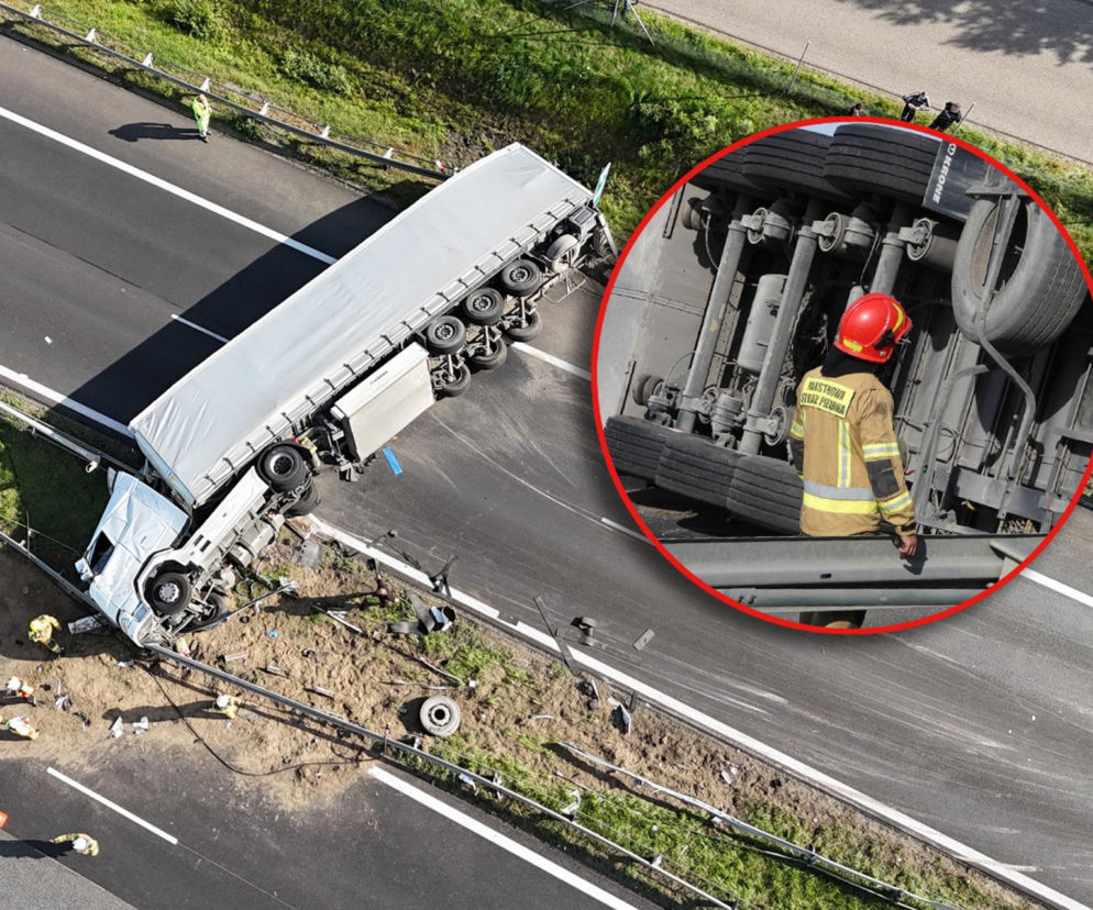 Poważny wypadek na trasie S8 w Trojanach. Ciężarówka zablokowała jezdnię