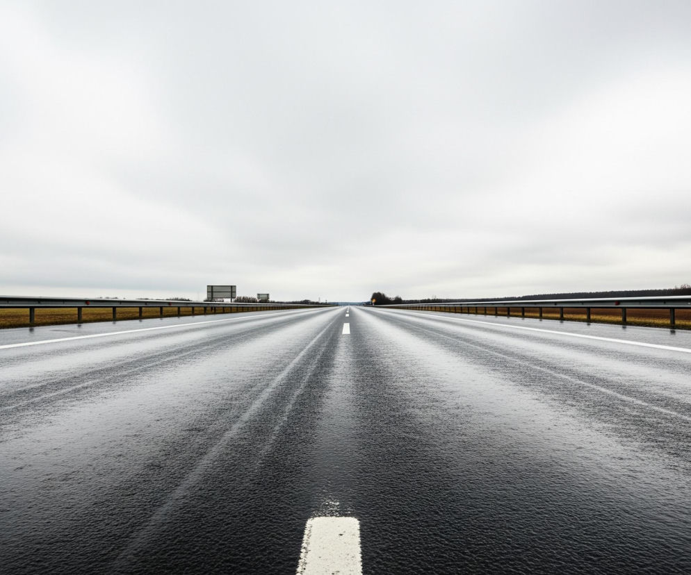 Na pierwszym planie znajduje się mokra, czarna nawierzchnia drogi z widocznymi odbiciami światła, co sugeruje świeży deszcz lub wilgoć. Droga ma dwie szerokie jezdnie rozdzielone pasem zieleni, z białą, przerywaną linią pośrodku oraz ciągłymi liniami na krawędziach. Wzdłuż obu stron drogi biegną srebrne barierki ochronne, za którymi rozciąga się pas brązowej ziemi, a dalej ciemne drzewa tworzące linię horyzontu. Niebo jest całkowicie pokryte szarymi chmurami.