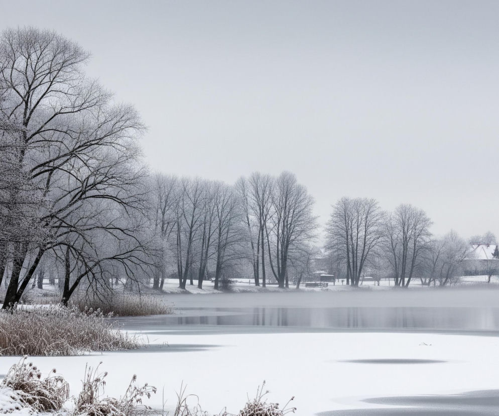 Krajobraz zimowy przedstawia częściowo zamarznięte jezioro, otoczone pokrytymi śniegiem brzegami i nagimi drzewami. Na pierwszym planie, po lewej stronie, wyróżniają się dwa wysokie, bezlistne drzewa z drobnymi gałązkami pokrytymi szadzią. Linia brzegowa po lewej jest biała od śniegu, z widocznymi kępami suchych, rudawych traw wystających spod białego puchu.

Jezioro zajmuje centralną część kompozycji, prezentując mieszaninę lodu i otwartej, ciemniejszej wody; widoczne są nieregularne kształty czarnych plam na tafli lodu. Po prawej stronie jeziora widać mały obiekt na wodzie. Wzdłuż przeciwległego brzegu jeziora ciągnie się rząd wysokich, bezlistnych drzew, również oszronionych, które zlewają się z mglistym tłem.

W oddali, po prawej stronie, widać kilka domów z czerwonymi dachami pokrytymi śniegiem, otoczonych białym, zaśnieżonym terenem. Niebo jest jednolicie jasnoszare, lekko zamglone, co nadaje całości spokojny i stonowany wygląd.