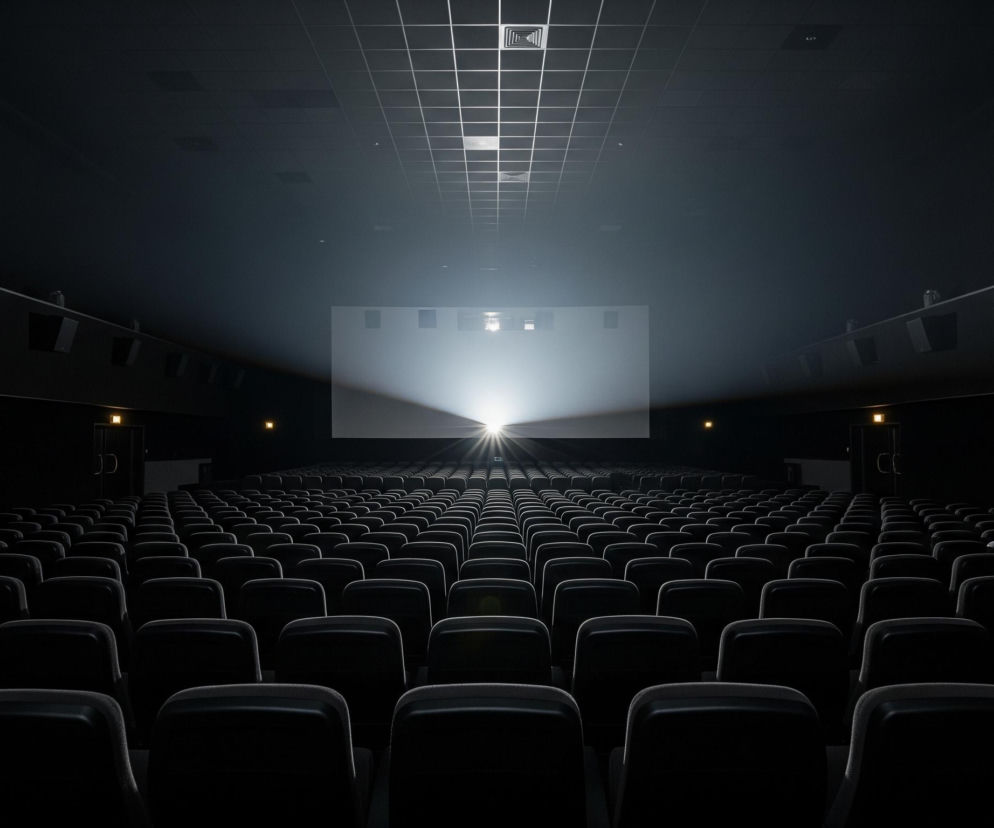 Pusta sala kinowa jest dominującym elementem kompozycji, z rzędami czarnych foteli widocznymi od dołu do połowy kadru, rozciągającymi się w stronę ekranu. Na przeciwległej ścianie znajduje się duży, biały ekran, na który rzutowane jest jasne światło z pojedynczego źródła, tworząc wyraźną, stożkową smugę światła widoczną w zamglonym powietrzu. Sufit jest ciemny, ale w jego centralnej części widoczna jest siatka kwadratowych paneli, które odbijają światło z rzutnika. Po obu stronach sali, na wysokości górnych rzędów siedzeń, widać głośniki zamontowane na ścianach, a bliżej sufitu, w oddali, znajdują się wyjścia z sali, oznaczone jasnymi, prostokątnymi symbolami.