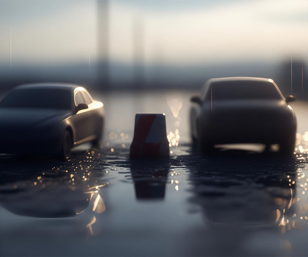 Dwa samochody stoją na mokrej nawierzchni o zmierzchu, oświetlone przez nisko wiszące słońce, które odbija się w kałużach. Po lewej stronie widoczny jest ciemny samochód osobowy, z wyraźnymi refleksami na bocznej linii nadwozia i lusterku. Pomiędzy nim a drugim pojazdem znajduje się czerwono-biały słupek drogowy, również odbijający się w wodzie. Na prawo, częściowo widoczny jest tył drugiego ciemnego samochodu, a obok niego kolejny czerwono-biały element drogowy, prawdopodobnie fragment bariery. Tło jest rozmyte, z widocznymi zarysami budynków lub konstrukcji.