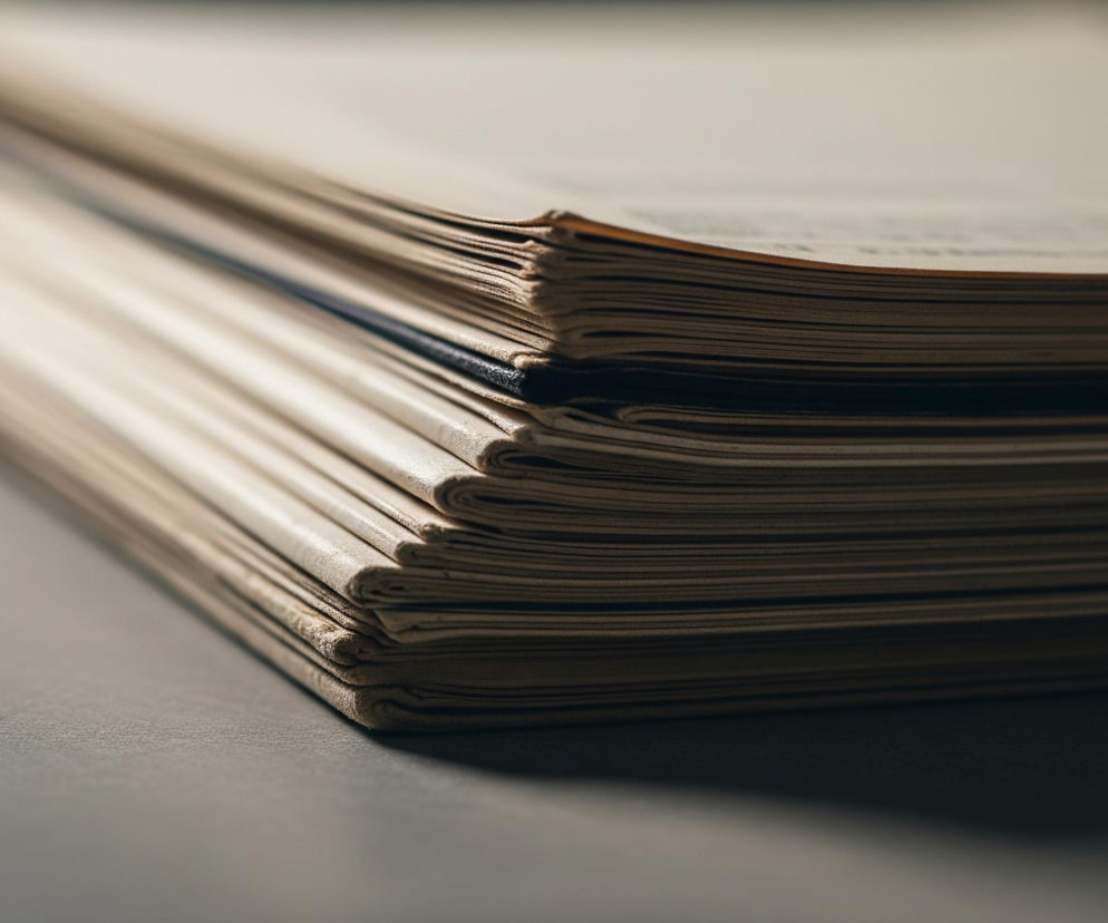 Stos gazet lub dokumentów o beżowo-brązowej barwie, ułożonych ukośnie na ciemnoszarym, matowym tle. Przedmioty są sfotografowane z bliska, z płytką głębią ostrości, co podkreśla teksturę i liczne warstwy zgiętych kartek. Górna część stosu jest jaśniejsza, stopniowo przechodząc w ciemniejsze odcienie ku dołowi, gdzie widać pojedynczy czarny grzbiet wśród beżowych kartek.