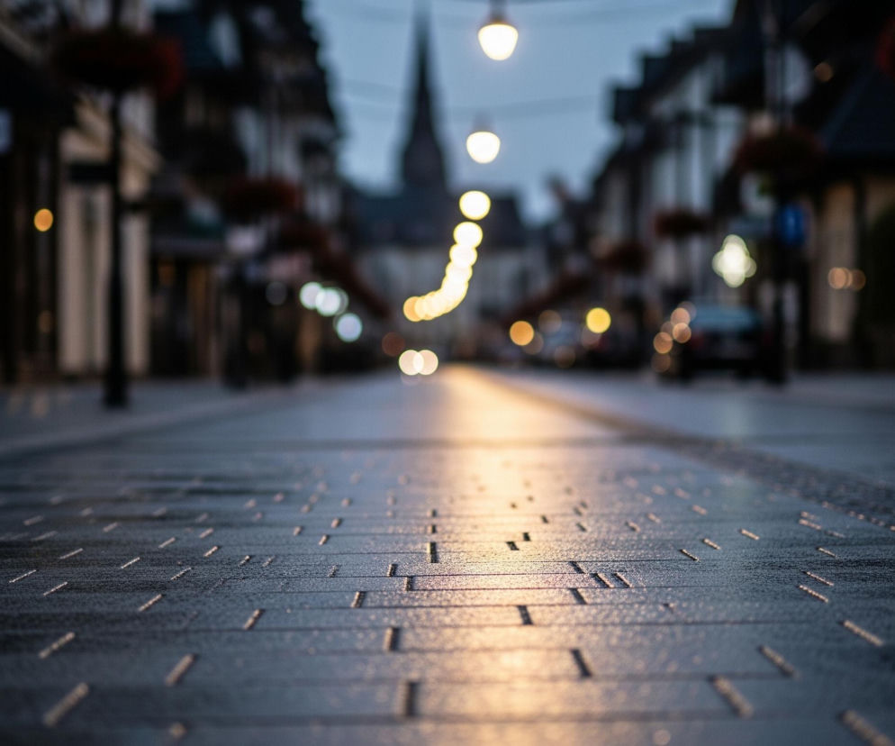 Brukowana ulica rozciąga się w dół kadru, z wyraźnymi prostokątnymi elementami nawierzchni w ciemnoszarych i czarnych odcieniach, odbijającymi światło. Na tle ulicy, w rozmytej perspektywie, widoczne są zarysy budynków po obu stronach. W oddali dominuje ostro zakończona wieża kościoła lub innej budowli sakralnej. Wzdłuż ulicy rozmieszczone są liczne, okrągłe źródła światła o ciepłej, żółtej barwie, które stają się coraz jaśniejsze w miarę zbliżania się do punktu zbiegu perspektywy.
