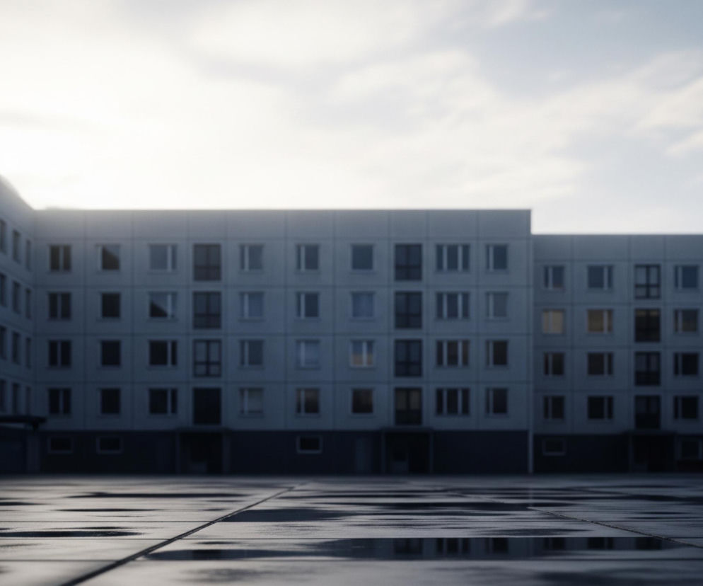 Na pierwszym planie widoczna jest mokra, ciemna nawierzchnia z kwadratowych płyt, z licznymi refleksami światła. W tle dominują bloki mieszkalne o jasnoszarych elewacjach i regularnych rzędach prostokątnych okien. Budynki tworzą kształt litery U, otaczając przestrzeń placu, z czego środkowy blok jest najbardziej rozmyty, podczas gdy boczny blok po prawej stronie jest ostrzejszy, a ten po lewej jest częściowo zasłonięty przez silne światło w tle. Niebo jest jasne, częściowo zachmurzone, z wyraźnym rozbłyskiem słońca w górnej środkowej części kadru.