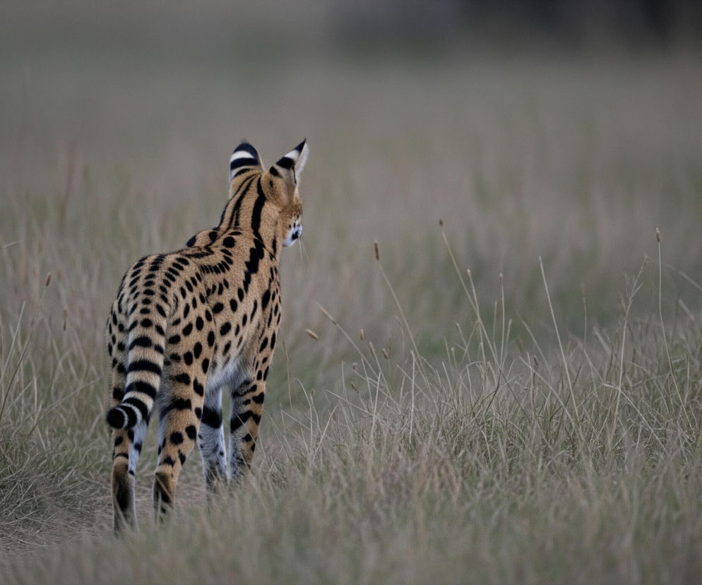 Serwal o cętkowanym, żółto-czarnym futrze idzie ścieżką w prawą stronę obrazu, oddalając się od obserwatora. Jego uszy są wyraźnie zaznaczone poziomymi, czarno-białymi pasami. Dookoła rozciąga się sucha, zielono-szara trawa, która jest niższa po lewej stronie obrazu, a wyższa po prawej i z tyłu. Tło jest niewyraźne, tworząc delikatną mgiełkę w ciemniejszym odcieniu zieleni.