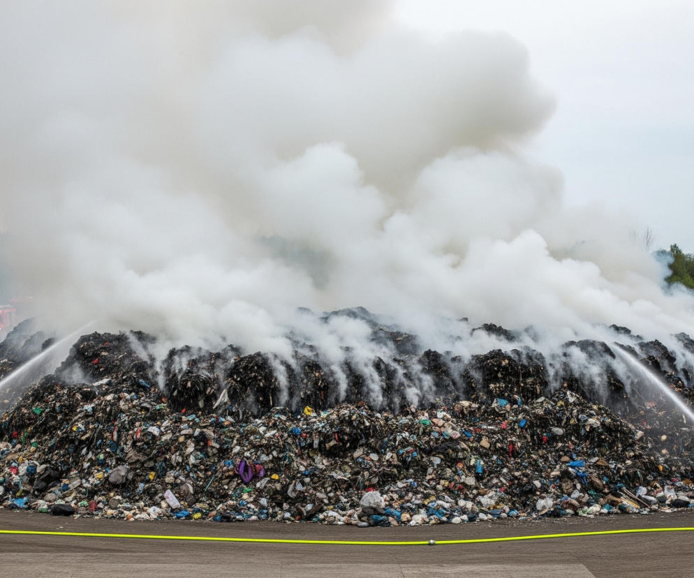 Ogromny kopiec śmieci, głównie w odcieniach czerni i szarości z widocznymi kolorowymi fragmentami plastiku i innych odpadów, pokryty jest gęstym, białym dymem unoszącym się w powietrze. Strażacy w żółtych kombinezonach i kaskach aktywnie gaszą pożar, kierując strumienie wody z węży w dymiącą masę, a kilka czerwonych wozów strażackich stoi w tle. Wokół kopca na betonowym podłożu leżą żółte węże strażackie, a horyzont zamyka pas zielonych drzew pod szarym, zachmurzonym niebem.