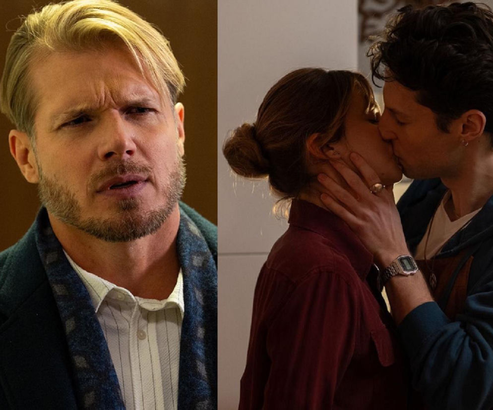 Kolaż przedstawiający Maks Begera z zasmuconą miną po lewej stronie, oraz po prawej Glorię i Kamila Zawadę namiętnie się całujących. Zdjęcie ilustruje zdradę Glorii i jej romans z Kamilem, co załamie Begera w nowym odcinku Na dobre i na złe. Więcej o serialowych intrygach przeczytasz na Super Seriale.