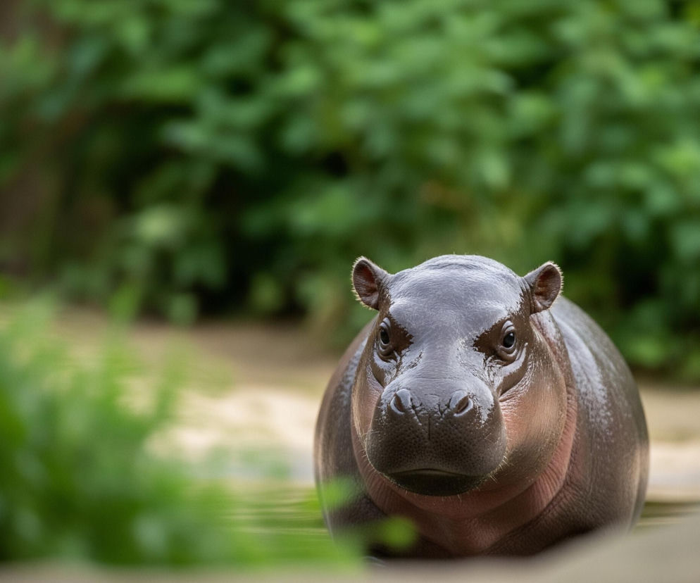 Młody hipopotam wynurza się z wody, jego głowa i część tułowia są wyraźnie widoczne na pierwszym planie. Ma ciemnoszarą, lśniącą skórę z jaśniejszymi, różowawymi odcieniami pod brodą i na wewnętrznych częściach uszu. Oczy są małe i ciemne, a nos szeroki z widocznymi nozdrzami. Zwierzę jest skierowane centralnie ku obserwatorowi. Tło stanowi rozmyta zieleń liści i roślinności, z jaśniejszym, beżowym elementem w górnej części po lewej stronie, oraz ciemniejszym, niewyraźnym kształtem na prawym dolnym rogu.