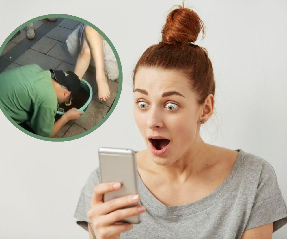 Zszokowana kobieta patrzy w telefon. Na miniaturowej wstawce widać mężczyznę pijącego colę z miski ze stopami. Więcej w Eska.