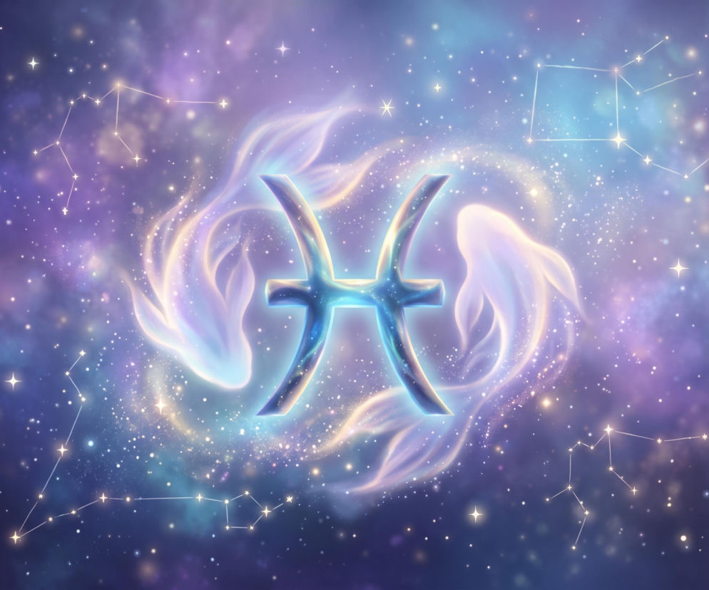 Symbol zodiaku Ryb na tle gwieździstego kosmosu i dwóch ryb. O horoskopie dziennym przeczytasz na Eska.