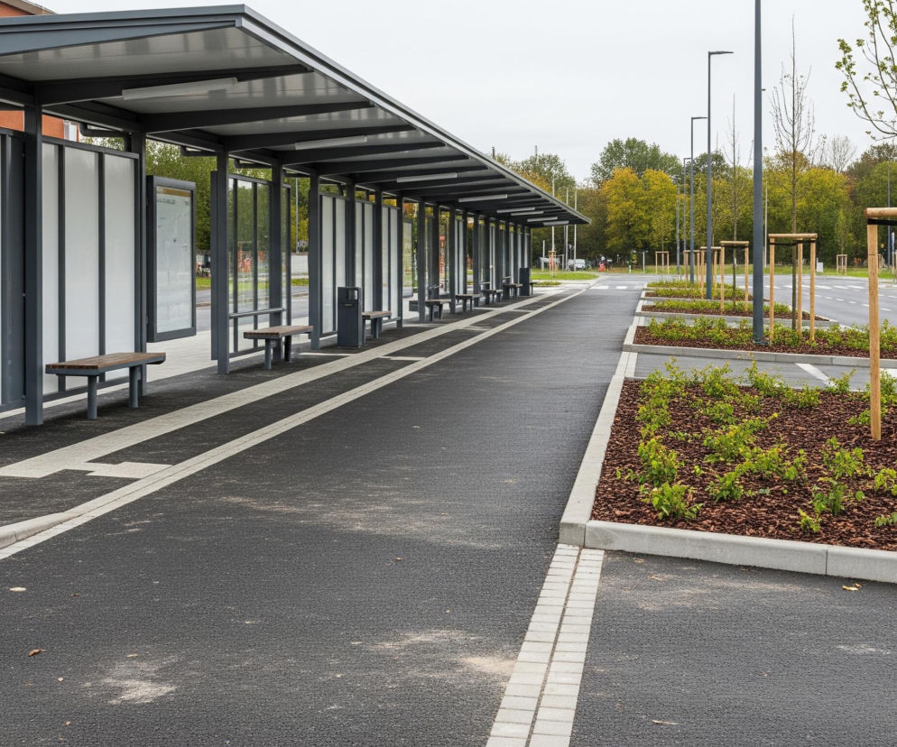 Długi, nowoczesny przystanek autobusowy z szarym zadaszeniem i konstrukcją z metalu, ciągnie się wzdłuż lewej krawędzi zdjęcia. Pod zadaszeniem znajdują się drewniane ławki i kosze na śmieci, oddzielone pionowymi, białymi panelami, a obok nich widoczne są szyby informacyjne. Po prawej stronie przystanku rozciąga się nowa asfaltowa droga, częściowo odgraniczona od pasu zieleni betonowymi krawężnikami, a na pasie zieleni rosną młode drzewa i krzewy. W tle widać budynek z cegły i drzewa z jesiennymi liśćmi, a niebo jest jasne i zachmurzone.