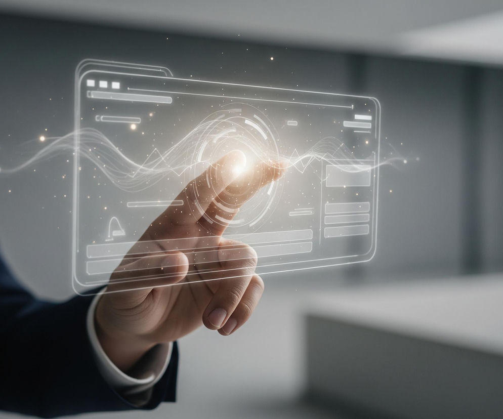 Prawa dłoń osoby w granatowej marynarce i białej koszuli dotyka przezroczystego interfejsu cyfrowego, który przedstawia wykres falowy z elementami graficznymi, takimi jak pola tekstowe i paski postępu. Palec wskazujący promieniuje jasnym, białym światłem, a wokół interfejsu rozchodzą się złote iskry i białe, falujące linie. Tło jest rozmyte, utrzymane w odcieniach szarości, z widocznymi zarysami wnętrza, prawdopodobnie biurowego.