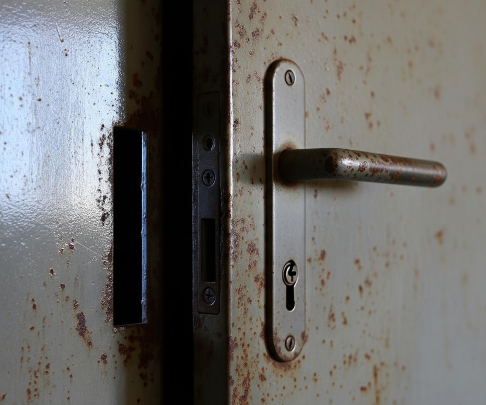 Bliski plan metalowych drzwi, pokrytych licznymi plamami rdzy i zaciekami o odcieniach brązu i rdzawego pomarańczu, na ogólnie jasnoszarej powierzchni. Centralnym punktem jest metalowa klamka i szyld z zamkiem, również wykazujące ślady korozji. Po lewej stronie, wzdłuż krawędzi drzwi, widoczna jest ciemna szczelina, a obok niej wystający element zasuwy, również w ciemnym kolorze. Oświetlenie podkreśla metaliczny połysk i nierówności powierzchni drzwi.