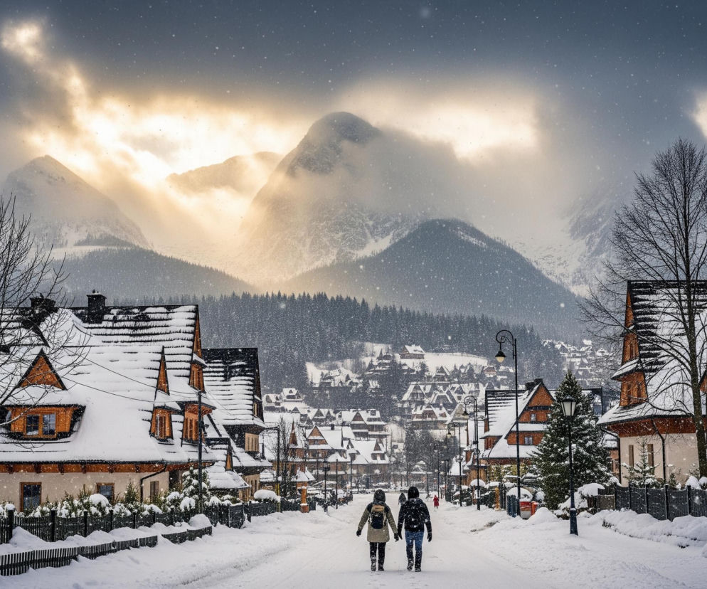 Dwoje ludzi idzie zaśnieżoną ulicą, oddalając się w kierunku wysokich gór, częściowo spowitych mgłą i chmurami, z których przebijają promienie słońca. Po obu stronach drogi stoją dwupiętrowe, drewniane domy w regionalnym stylu z charakterystycznymi spadzistymi dachami pokrytymi grubą warstwą śniegu oraz drewnianymi okiennicami. Cała scena jest otoczona gęsto padającym, drobnym śniegiem, który tworzy zimową atmosferę.