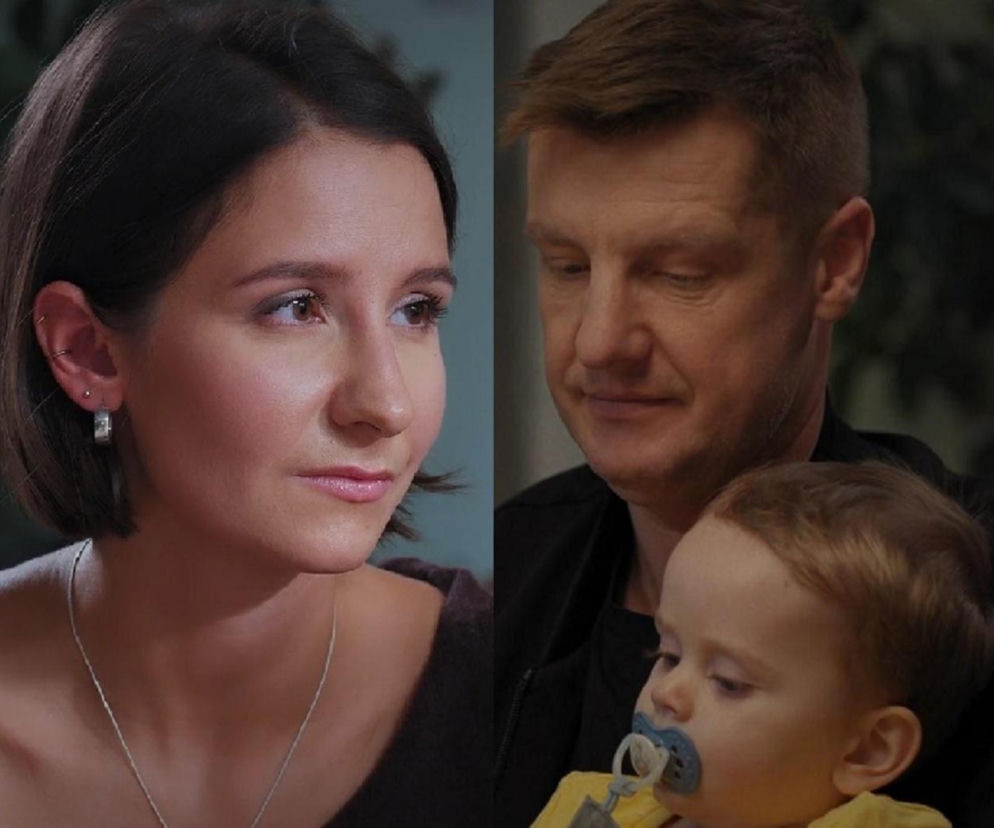 Podzielone na pół ujęcie przedstawiające Agnieszkę (Amanda Mincewicz) z M jak miłość po lewej stronie, patrzącą w prawo z melancholią, oraz Pawła Zduńskiego (Rafał Mroczek) trzymającego Antosia ze smoczkiem w ustach, z prawej strony. Więcej o ich losach na Super Seriale.