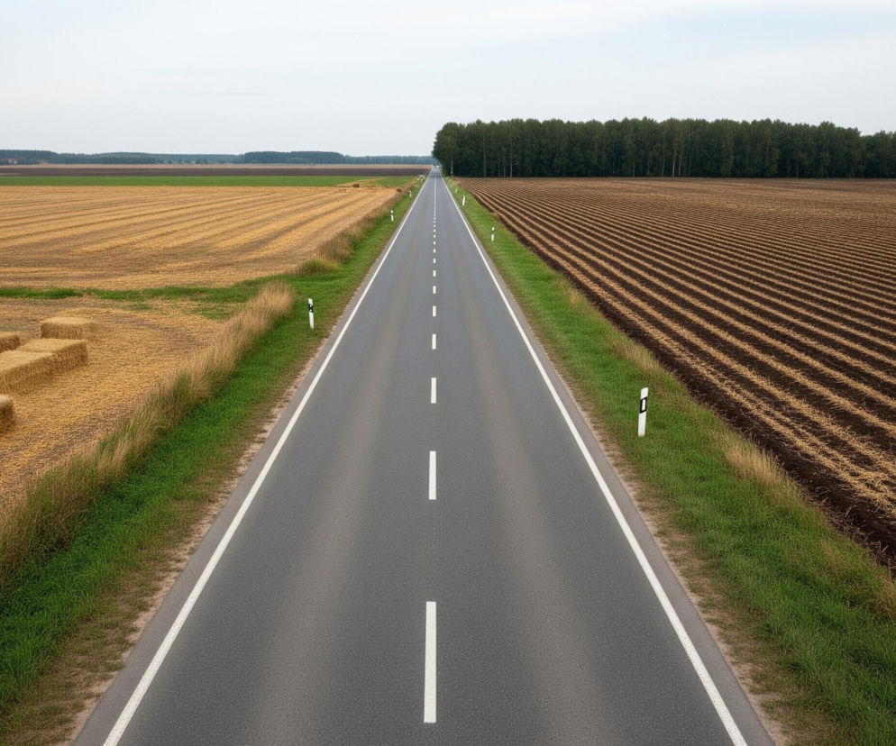 Długa, asfaltowa droga biegnąca przez pole, z lewej strony widoczne ułożone w stóg bele siana na zaoranym polu, a po prawej świeżo przygotowane pod zasiew. Linia drzew w tle oddziela horyzont. Taki widok rolniczego krajobrazu związany jest z artykułem o wsparciu dla młodych rolników na portalu Super Biznes.