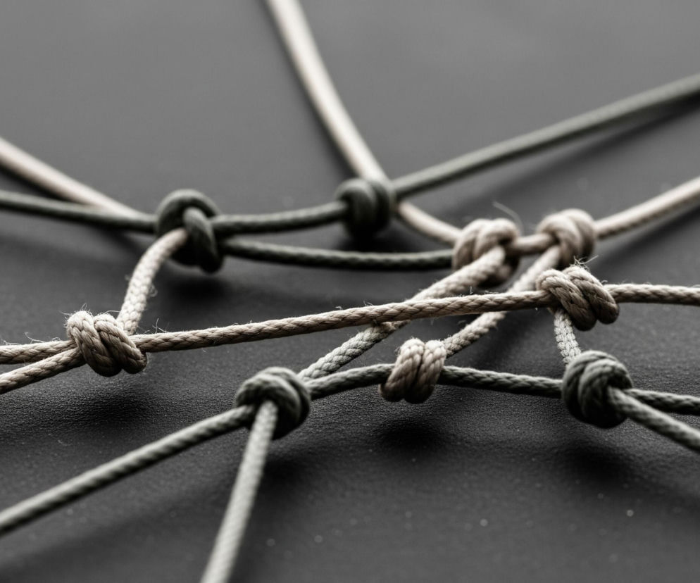 Skupienie jasnych i ciemnych sznurków, zawiązanych w serię węzłów, tworząc wzór siatki na ciemnym, teksturowanym tle. Sznurki są splecione i biegną w różnych kierunkach, tworząc liczne połączenia między sobą. Kolory sznurków to odcienie beżu i ciemnej szarości, a tło jest jednolicie ciemnoszare z subtelną fakturą.