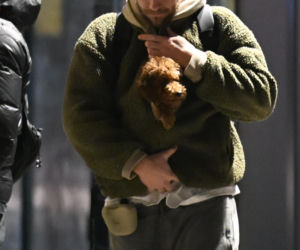 Sebastian Fabijański z pieskiem na spacerze