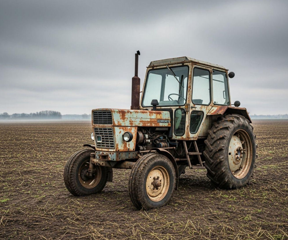 Zardzewiały traktor stoi na pustym, zaoranym polu pod pochmurnym niebem, symbolizując trud i wyczerpanie zawodowe rolników, o którym czytaj więcej na portalu Super Biznes. Scena ukazuje surowość jesiennego krajobrazu w kontekście rosnącej liczby samobójstw i problemów psychicznych na wsi.