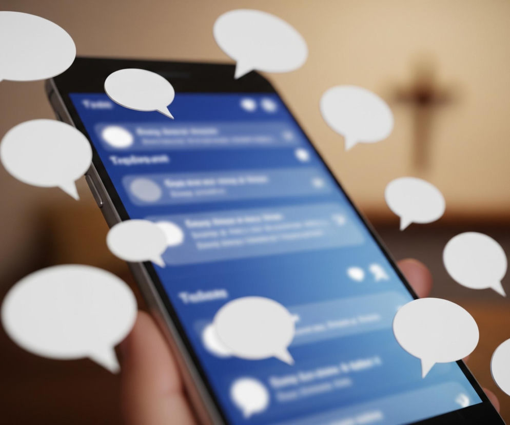 Dłoń trzyma smartfon z ekranem przedstawiającym rozmyty interfejs aplikacji do przesyłania wiadomości, na którym dominują odcienie niebieskiego i białe pola. Wokół telefonu unosi się kilkanaście białych, pustych dymków dialogowych w różnych rozmiarach i na różnych głębokościach ostrości, symulując wiadomości. W tle, poza ostrością, widać rozmazane pomieszczenie z beżowymi ścianami i ciemnym krucyfiksem na tle jasnej plamy.