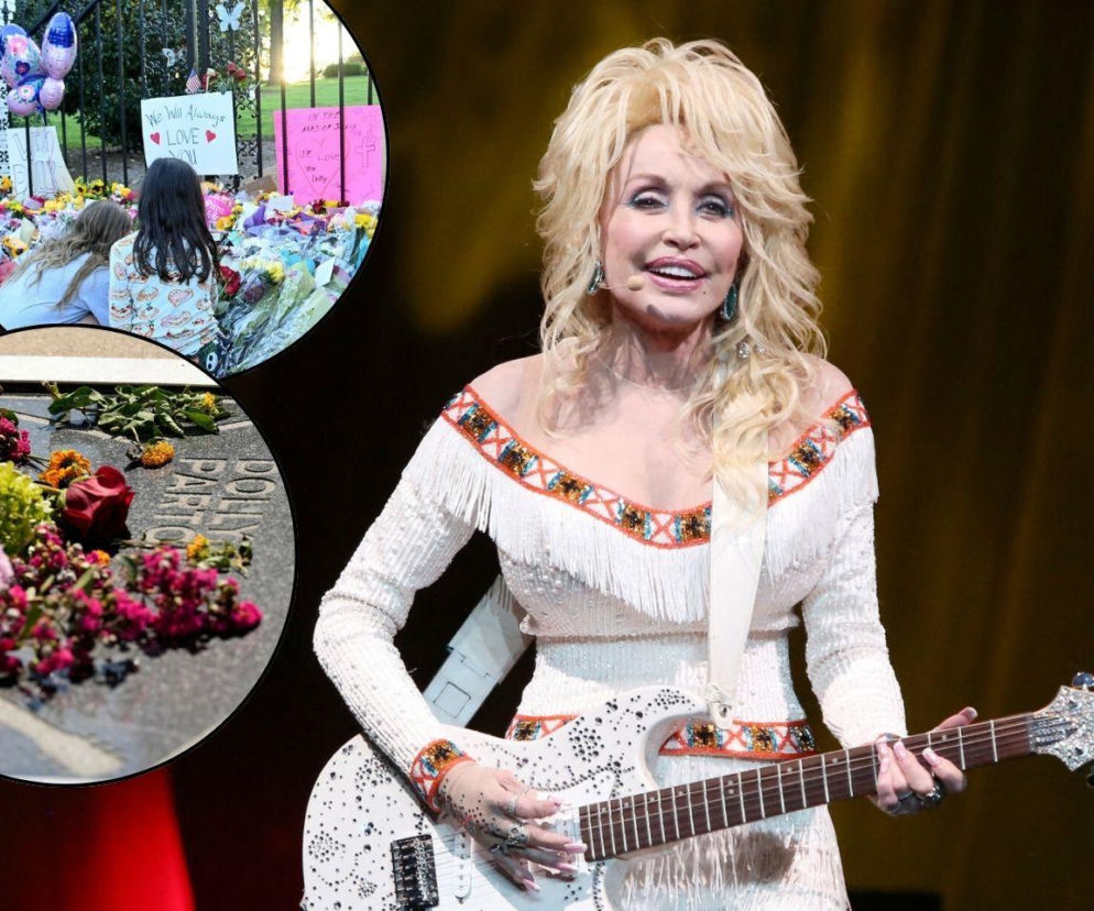 Dolly Parton z gitarą. Na miniaturach fani składający kwiaty i gwiazda w Alei Sław. O śmierci gwiazdy przeczytasz na SE.