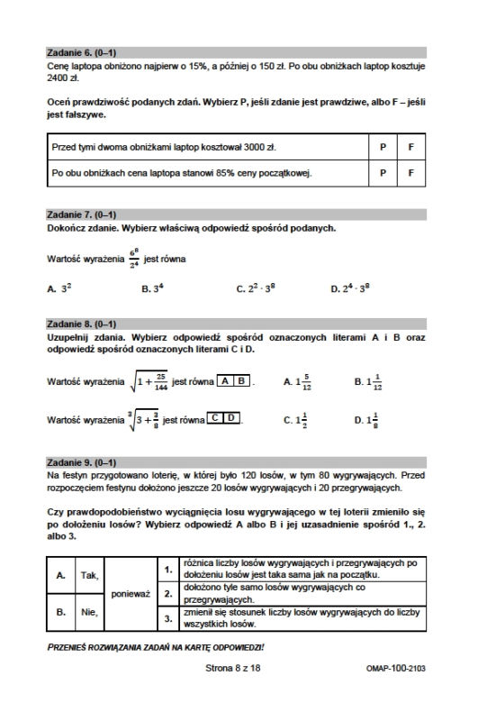 Próbny EGZAMIN ÓSMOKLASISTY 2021: Matematyka. Odpowiedzi i arkusze CKE