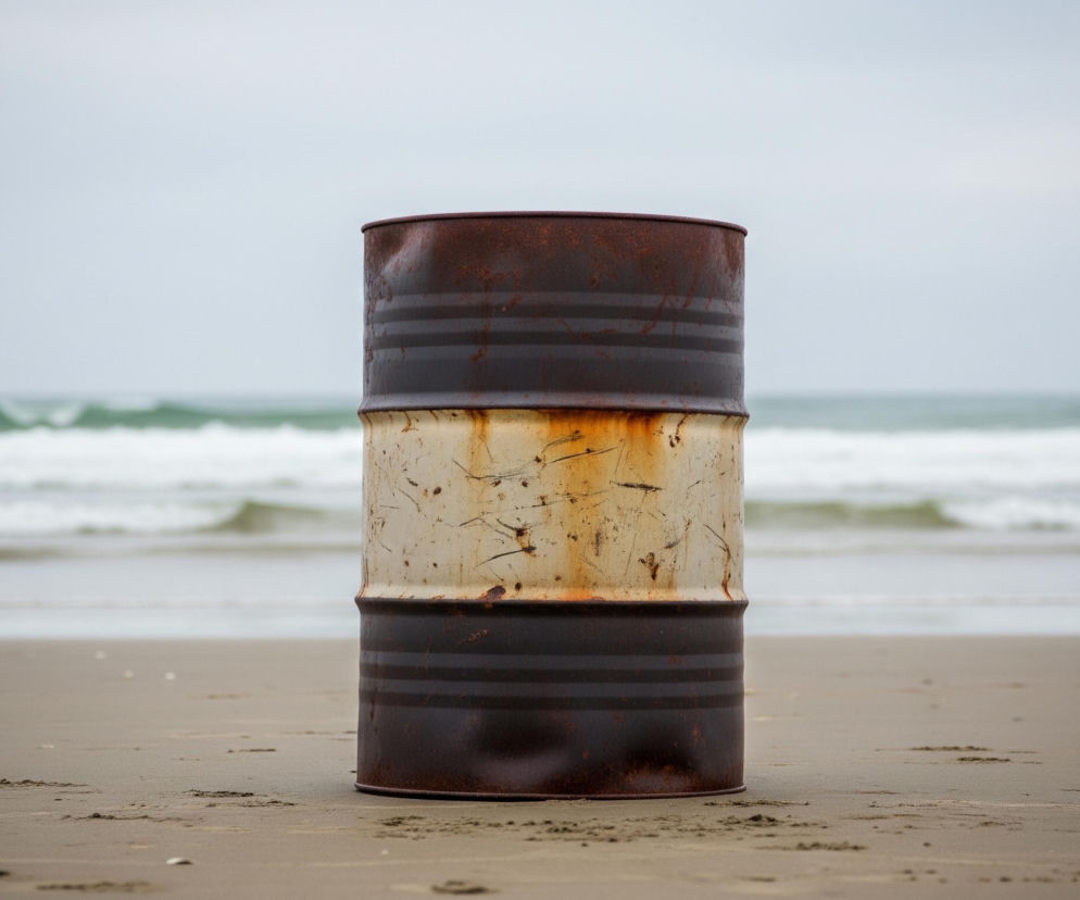 Na pierwszym planie, centralnie, stoi pionowo metalowa beczka z licznymi śladami rdzy i zniszczenia. Górna i dolna część beczki jest ciemnobrązowo-rdzawa, natomiast środkowa ma jaśniejszy, kremowy odcień, również pokryty brązowymi zaciekami rdzy i czarnymi zadrapaniami. Beczka stoi na piaszczystej plaży, której drobny, beżowy piasek pokrywa cały dolny kadr, a w tle widać morze z białymi falami, pod szarym, zachmurzonym niebem.